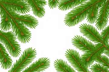 Pine branches forming a border with green spruce needles and twigs, creating a festive frame on transparent background