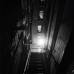 A black and white, low-angle view up a narrow urban alleyway.  Stairwell, light, and brick walls dominate the scene