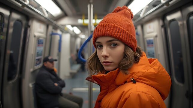 Candid portrait of a young woman in an orange winter jacket and knitted beanie sitting inside a subway train, captured with soft cinematic lighting, highlighting her calm expression and the cool urban