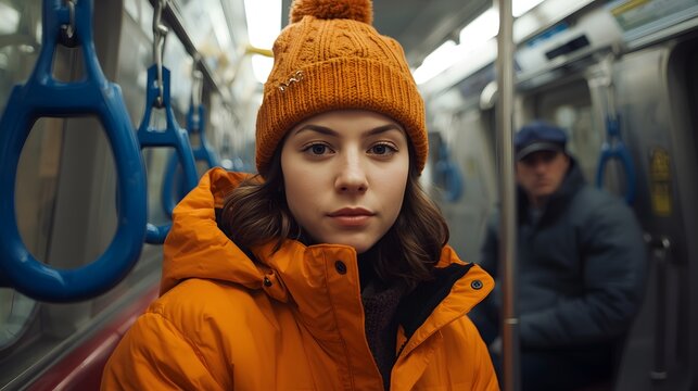 Candid portrait of a young woman in an orange winter jacket and knitted beanie sitting inside a subway train, captured with soft cinematic lighting, highlighting her calm expression and the cool urban