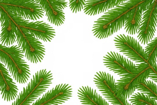 Pine branches forming a border with green spruce needles and twigs, creating a festive frame on transparent background