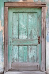 Aged mint green door on weathered building