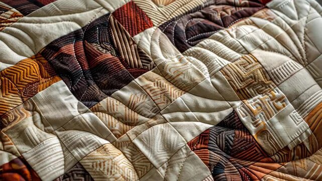 Intricate Quilt Design: A close-up shot of a meticulously crafted quilt showcasing a captivating arrangement of textures, patterns, and stitching details.