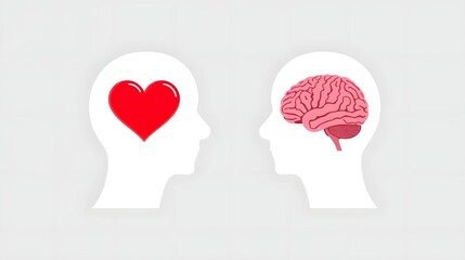 Conceptual illustration showing two human head silhouettes facing each other, one containing a red heart and the other a detailed brain, symbolizing the contrast and balance between emotional intuitio