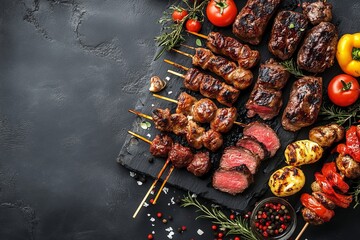 Assorted grilled skewers and meats on a dark stone board
