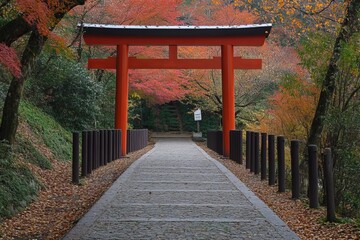 Autumnal path with red torii gate