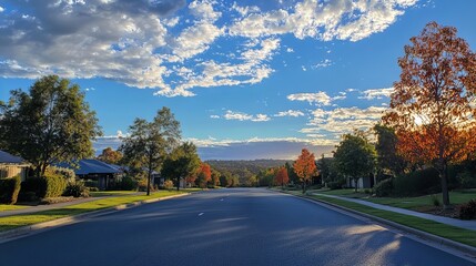 Autumnal residential street bathed in sunlight