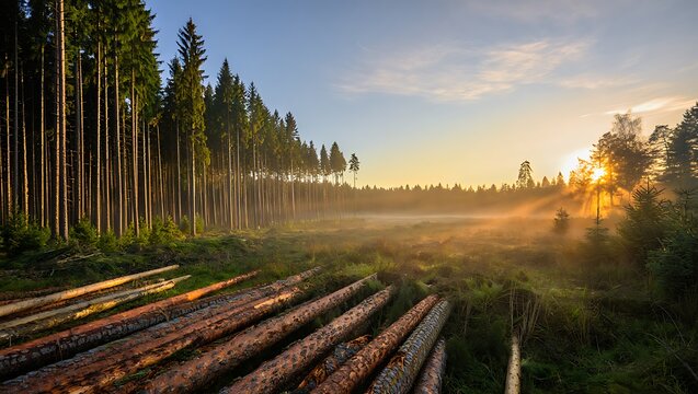 Golden sunrise through trees in misty forest with felled logs landscape