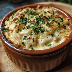 Creamy, cheesy baked dish in a terracotta bowl