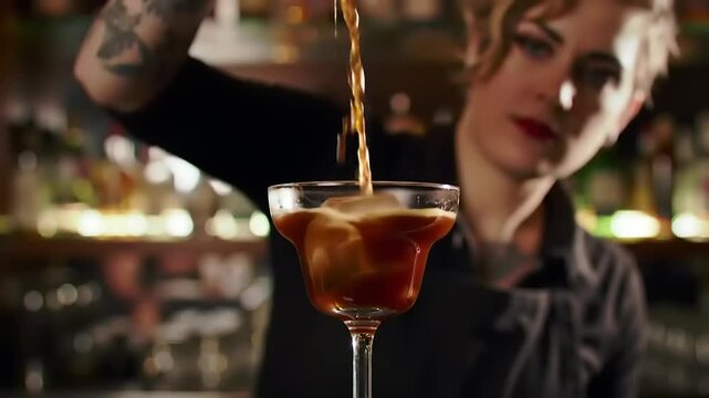 Bartender pouring cocktail into glass.