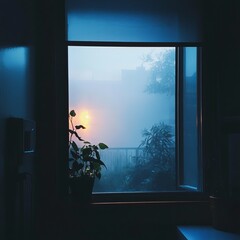Misty sunrise seen through a window