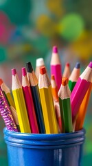 Colorful pencils in a blue container. Blurred colorful background