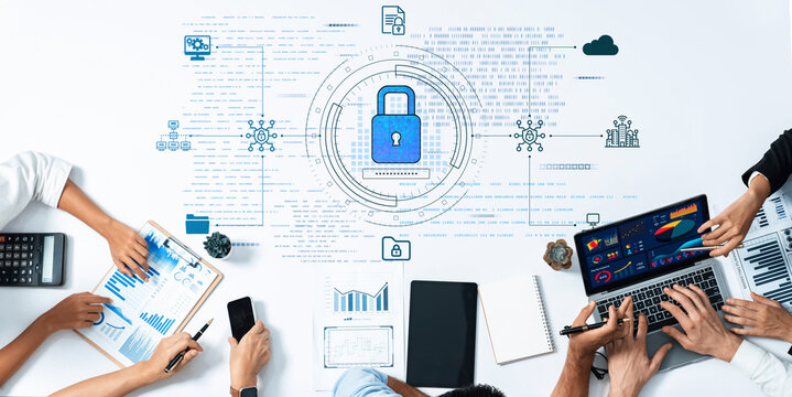 Engaging office scene illustrating teamwork and cybersecurity approaches with digital elements, statistical charts, and advanced technology to enhance data safety. Trope - Powered by Adobe