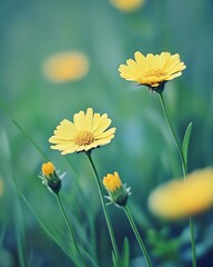 Delicate yellow flowers in a field of soft greens