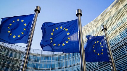 EU flags waving before modern building