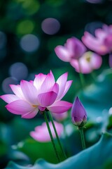 Pink lotus blossoms in vibrant garden setting