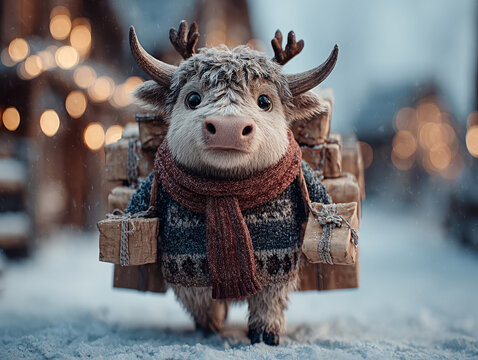Whimsical winter scene with a scarfed, antlered bovine character amidst snow footprints, surrounded by festive lights and a quaint European town Warm colors dominate with cool snow acc - AI-Generated