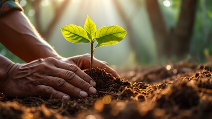 Hands planting a young tree sprout in the soil with sunlight
