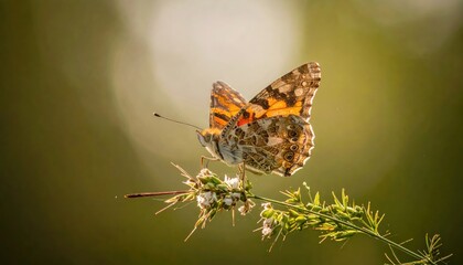 A beautiful painted lady butterfly resting gracefully on a delicate plant in nature's embrace