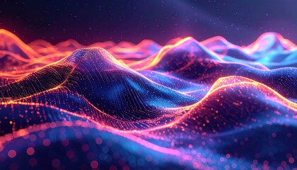 Abstract digital landscape with vibrant neon lights and glowing particles creating a modern tech