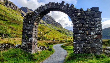 Ancient stone archway frames a picturesque view of the Irish countryside path and mountains