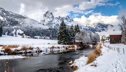 Breathtaking Winter Landscape in the Austrian Alps with River and Snow-Covered Scenery