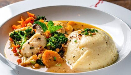 Exquisite culinary delight featuring tender chicken, vibrant vegetables and creamy mashed potatoes