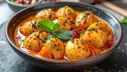 Exquisite close-up of flavorful dumplings in a rich sauce with fresh garnish presenting asian