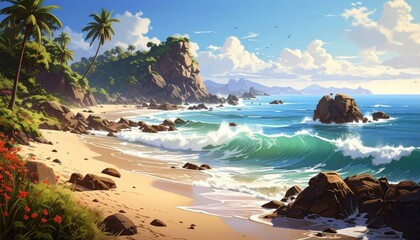 Idyllic tropical beach scene with lush vegetation and turquoise waters forming waves