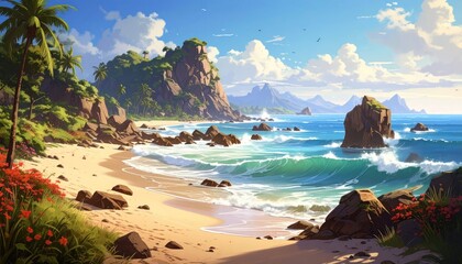 Idyllic Tropical Beach Scenery with Palm Trees and Turquoise Ocean Waves Serenity at the Seashore