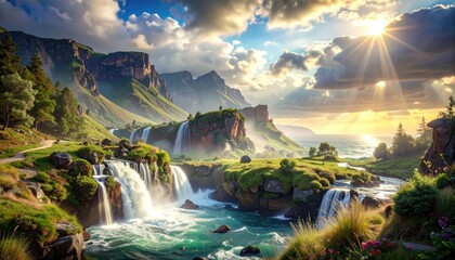 Majestic mountain landscape with cascading waterfalls and radiant sunlight creating a serene