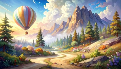 Majestic Mountain Landscape with Hot Air Balloon and Serene Nature Scenery
