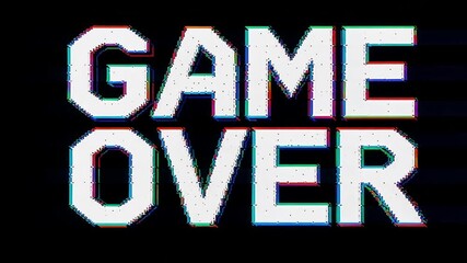 Retro game over screen with pixelated text and glitch effect on a black background, evoking a sense of nostalgia and the end of a gaming session, perfect for designs related to video games, - Powered by Adobe