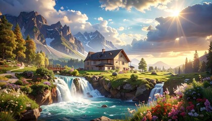 Scenic mountain home with waterfalls, lush greenery and vibrant wildflowers with natural light