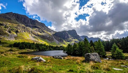 Scenic mountain landscape featuring a lake, forest, and dramatic cloudy sky