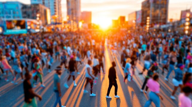 Blurred crowd of people walking on city street during sunset urban sports festival or marathon event
