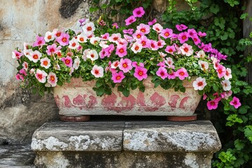 Ornate planter overflowing with pink and white flowers