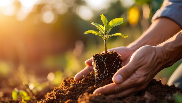 Human hands carefully holding a young tree seedling with roots