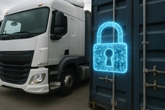 Truck and container with digital padlock hologram symbolizing data protection in modern logistics.