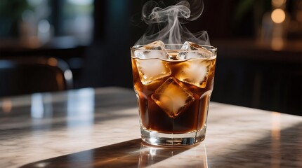 Steaming iced coffee in a glass with large ice cubes, resting on a sunlit marble table, evoking warmth and refreshment.