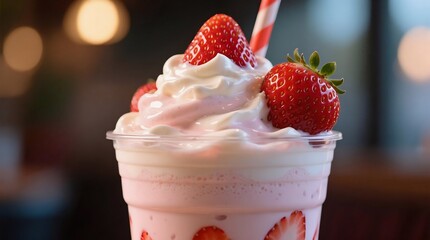 Creamy strawberry milkshake topped with whipped cream and fresh strawberries, served with a red-and-white striped straw, radiating sweetness and indulgence.