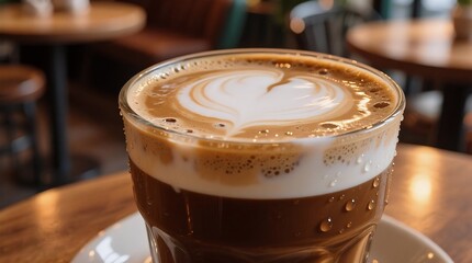 A glass of latte art heart design, steaming warmly on a wooden table in a cozy caf�� ambiance.