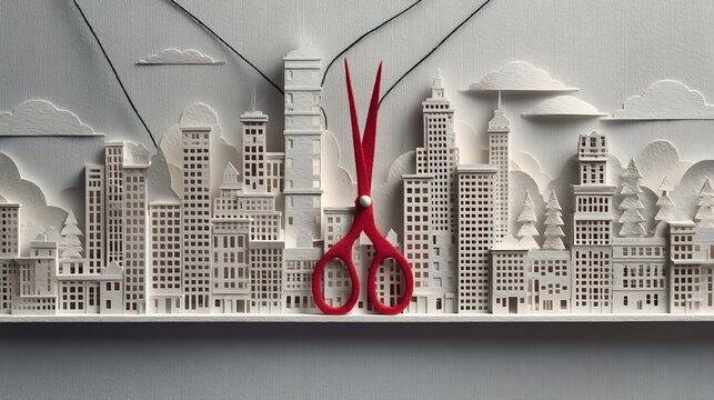 paper cut city skyline with red scissors