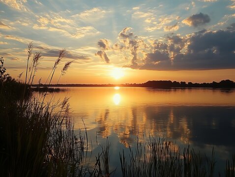 Sunset over a tranquil lake, with reeds in the foreground