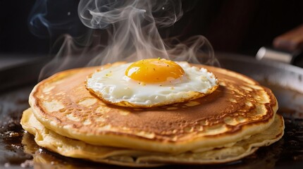 Steaming golden pancakes topped with a sunny-side-up egg, exuding warmth and comfort in a rustic kitchen setting.