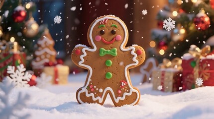 A cheerful gingerbread man standing in snowy wonderland, surrounded by glowing Christmas trees and festive gifts, radiating holiday warmth and joy.