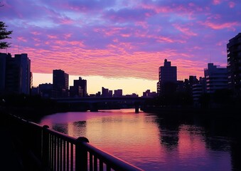 Silhouetted city skyline at sunrise over a river