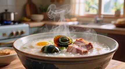 Steaming bowl of congee with century egg, pork slices, and soft-boiled egg, radiating warmth in a cozy kitchen setting.