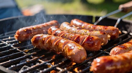 Juicy sausages sizzling on a charcoal grill, glistening with sauce under warm sunlight, evoking summer picnic vibes.