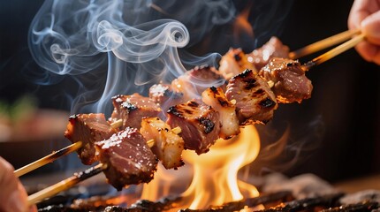 Juicy grilled meat skewers sizzling over open flames, with wisps of smoke curling upward in a warm, savory glow.